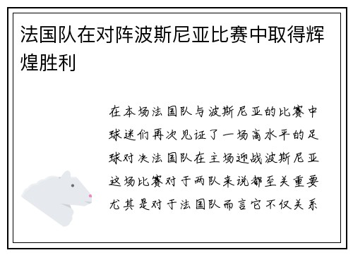 法国队在对阵波斯尼亚比赛中取得辉煌胜利