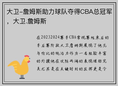 大卫-詹姆斯助力球队夺得CBA总冠军，大卫.詹姆斯