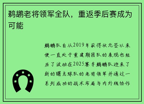鹈鹕老将领军全队，重返季后赛成为可能