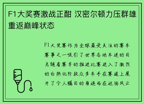 F1大奖赛激战正酣 汉密尔顿力压群雄重返巅峰状态