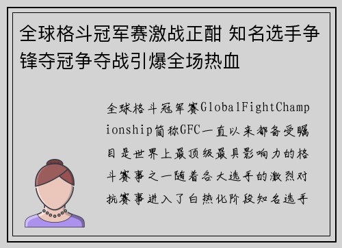 全球格斗冠军赛激战正酣 知名选手争锋夺冠争夺战引爆全场热血