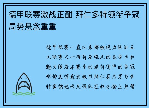德甲联赛激战正酣 拜仁多特领衔争冠局势悬念重重