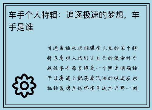 车手个人特辑：追逐极速的梦想，车手是谁