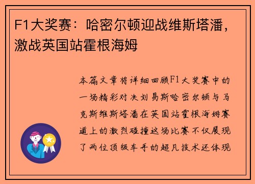 F1大奖赛：哈密尔顿迎战维斯塔潘，激战英国站霍根海姆