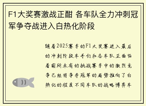 F1大奖赛激战正酣 各车队全力冲刺冠军争夺战进入白热化阶段